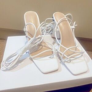 Square Toe Strappy Twist Lace Up High Heeled Sandals, White - US Size 7
